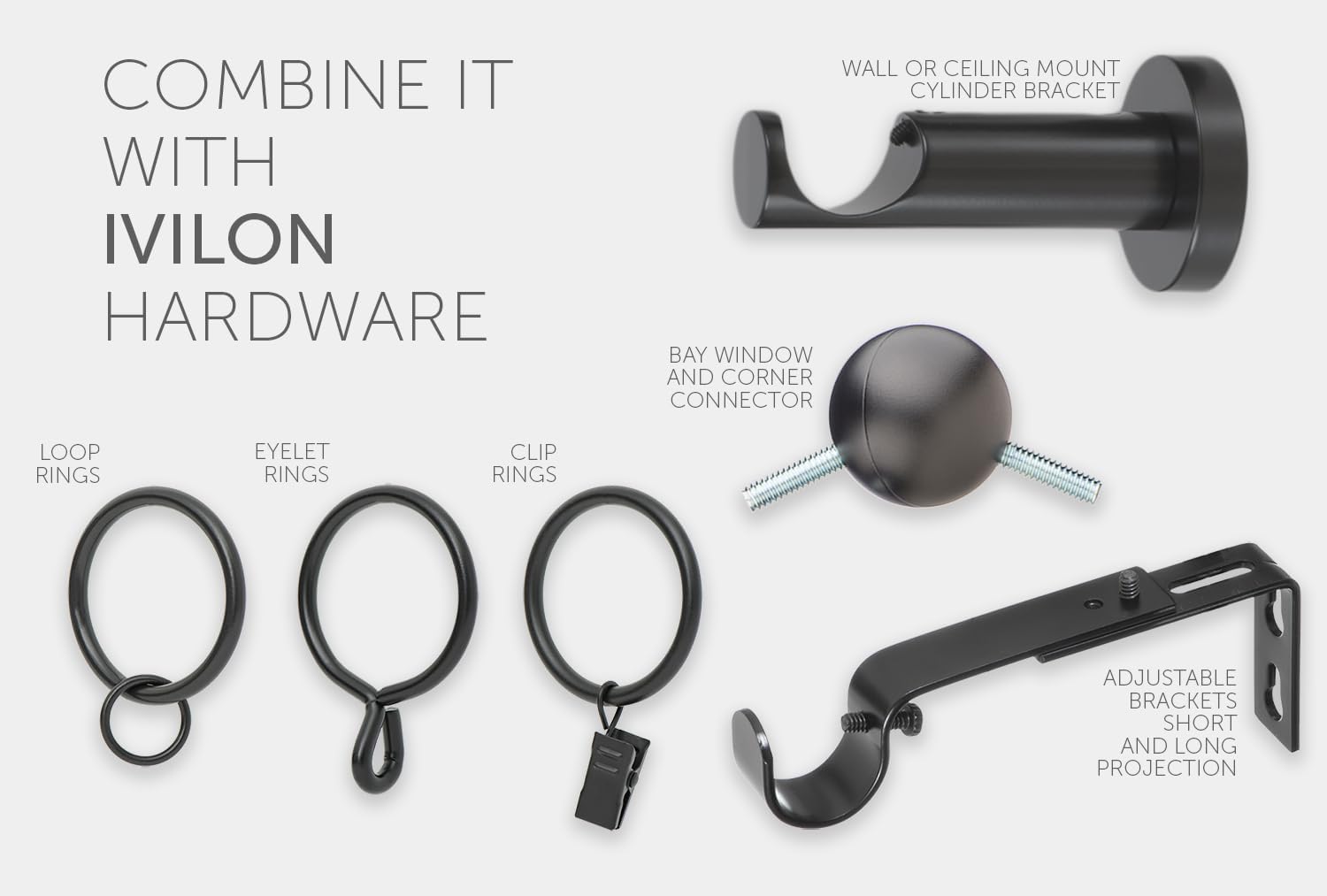 Ivilon Curtain Rods for Windows - Long End Cap Design, 1 inch Diameter, Telescoping Adjustable Curtain Rod, 72 to 144 Inches. Color Black